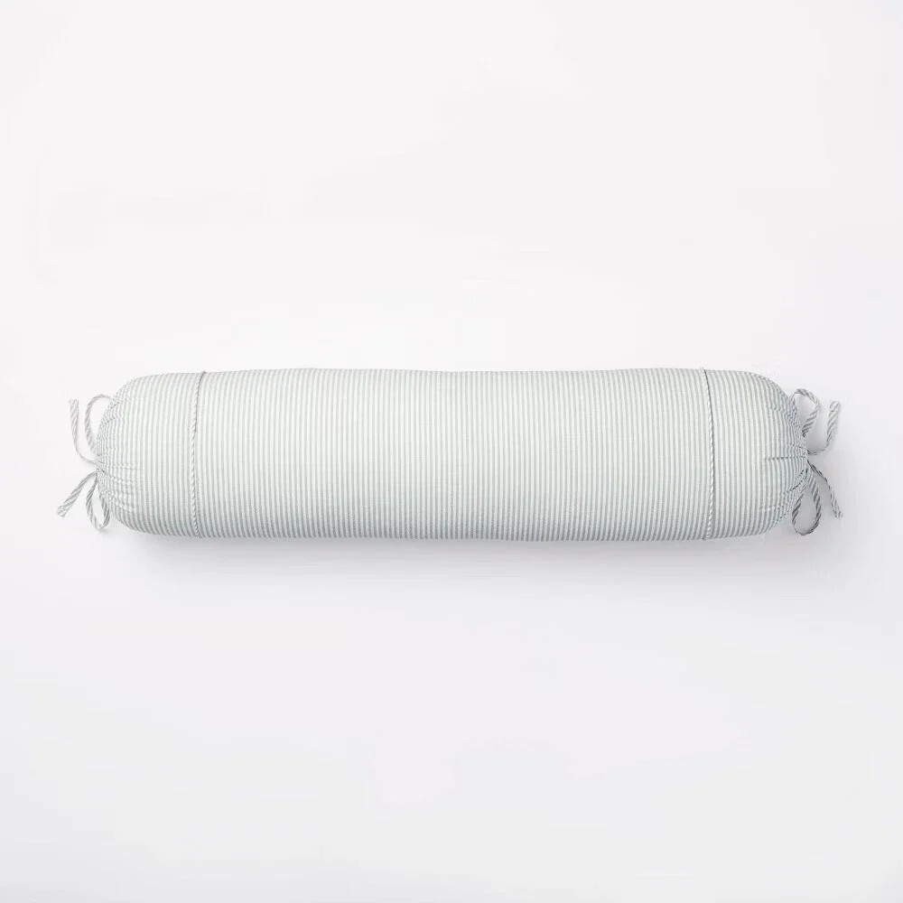 Oversized Bolster Woven Striped with Piping Cylinder Throw Pillow White/Light